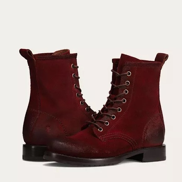 $399 Frye Veronica Combat Red Wine Suede Real Leather Lace Up Moto Ankle Boot - Picture 1 of 15